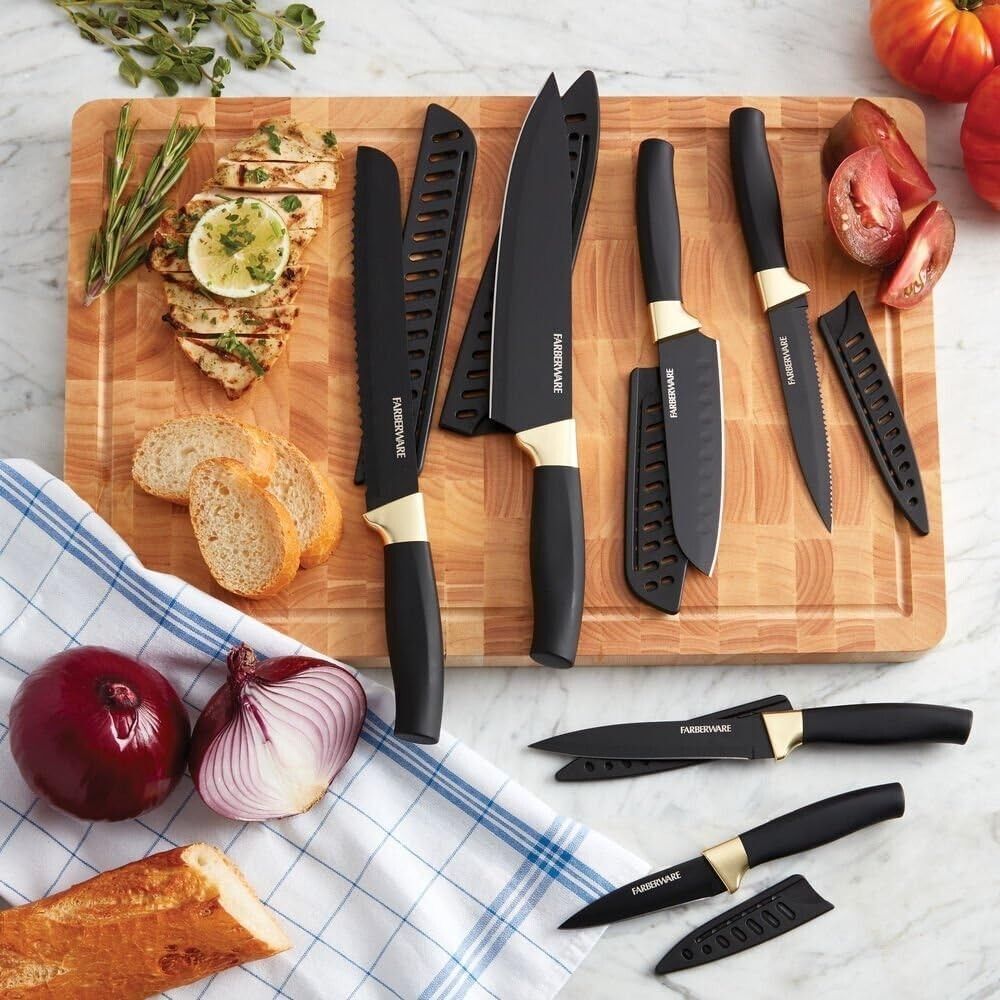 NEW in box Farberware 12 Piece Knife Set Black & Copper Stainless Steel